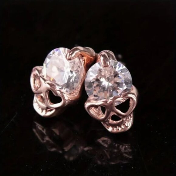 NEW Dainty 14K Rose Gold Plated Crystal Skull Stud Earrings - Picture 2 of 4
